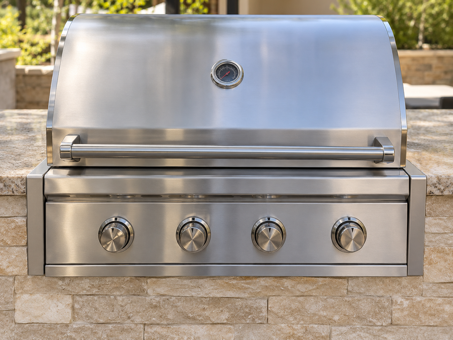 Stainless steel built-in grill with its front control panel overlapping the island opening