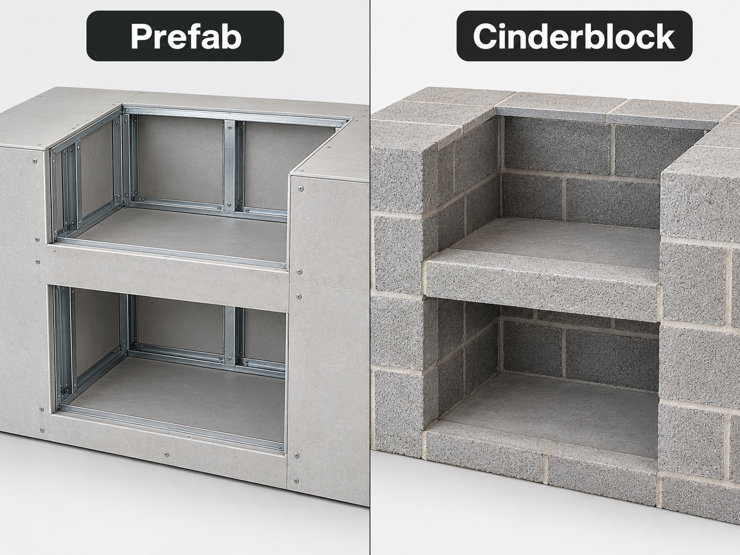 Side-by-side comparison of a prefab island with metal framing and cement board and a cinderblock island