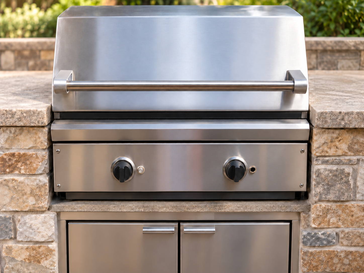 Shelf-supported built-in grill resting on a shelf beneath the island opening